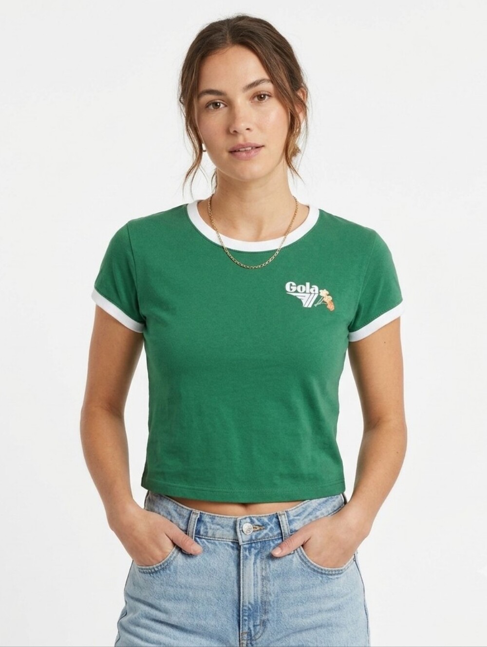 Gola for Anthropologie Floral Graphic Jersey Cropped Baby Tee Kelly Green Small